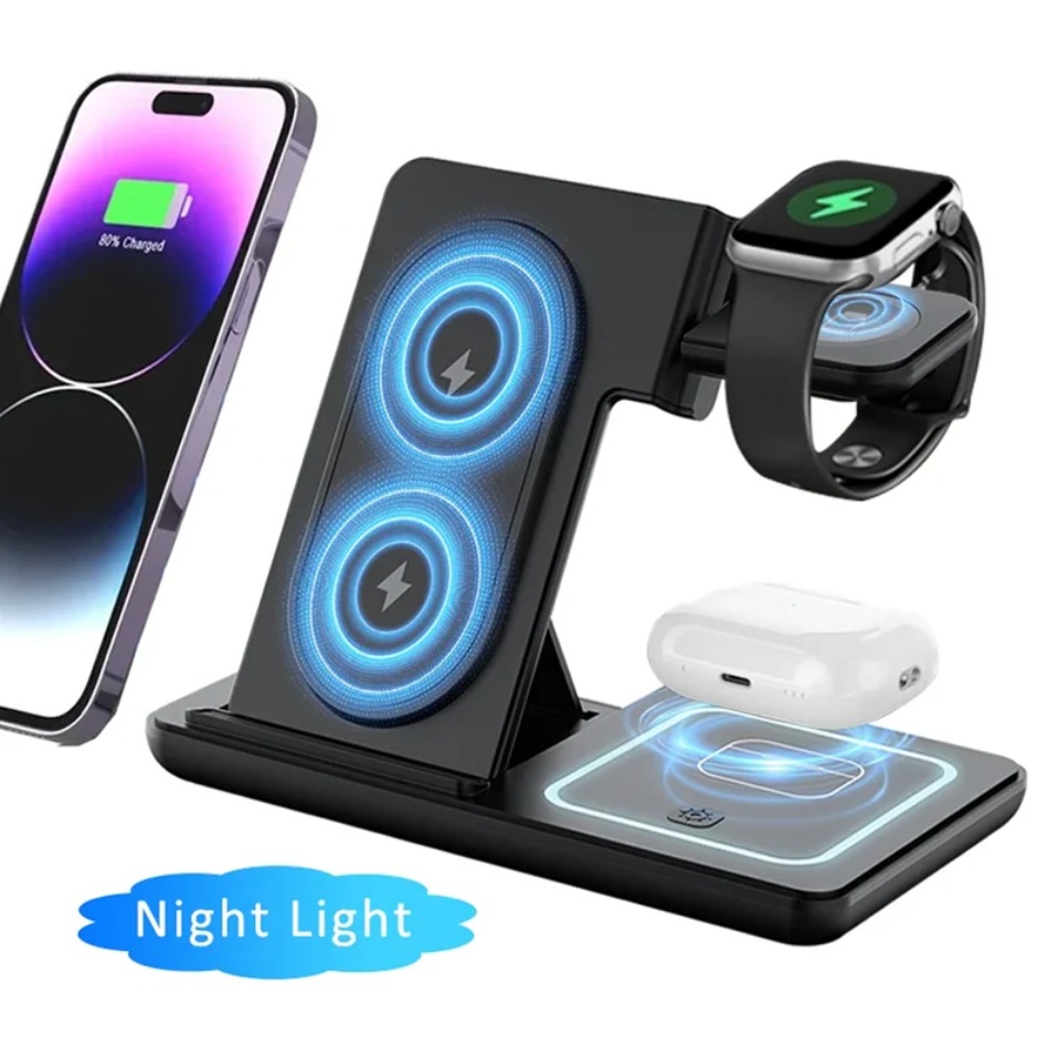 Wireless Charger Watch - Luz LED Noturna 3 em 1